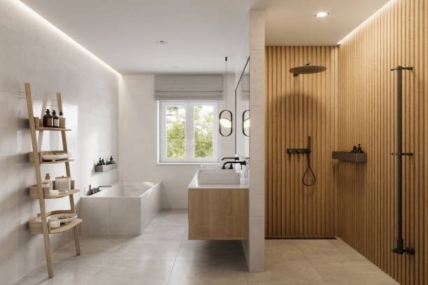 Interior of a luxurious bathroom with shower area and bathtub. Computer generated image of a large and spacious apartment bathroom.